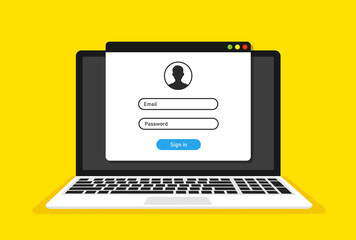 Laptop with login form page on screen. Vector illustration