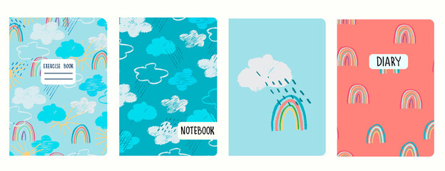Fototapeta na wymiar Cover page templates with blue sky, clouds, rain, rainbows, sun. Childs drawing style. Based on seamless patterns. Headers isolated and replaceable. Perfect for school notebooks, notepads, diaries