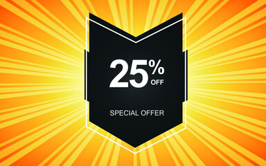 25% off. Yellow banner with twenty-five percent discount on a black balloon for mega offers.

