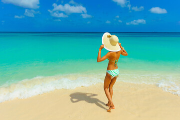 Girl in bikini having fun at the beach with beach hat standing on the shore looking at horizon, interracial, black 