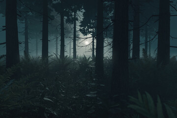 3d rendering of pine forest with fern plants in the moonlight