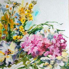 Abstract bright colored decorative background . Floral pattern handmade . Beautiful tender romantic bouquet of summer meadow flowers , made in the technique of watercolors from nature