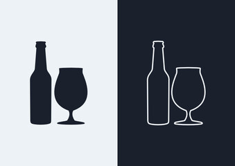 Beer bottle and tulip glass icon. (Outlined and silhouette vector of beer bottle and tulip glass)
