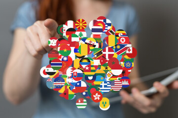 Global communication and international messaging concept, national flags of world