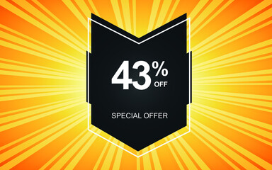 43% off. Yellow banner with forty-three percent discount on a black balloon for mega offers.