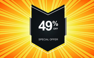 49% off. Yellow banner with forty-nine percent discount on a black balloon for mega offers.
