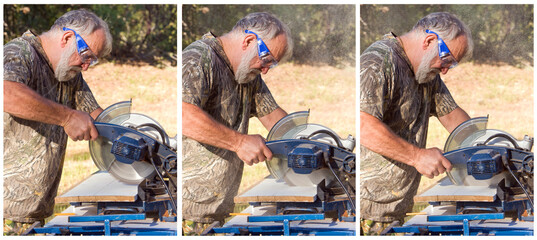 Sequence of a senior man cutting wood with a chop saw.