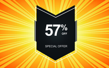 57% off. Yellow banner with fifty-seven percent discount on a black balloon for mega offers.
