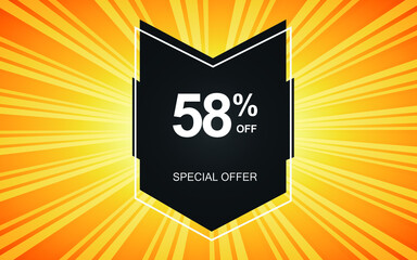 58% off. Yellow banner with fifty-eight percent discount on a black balloon for mega offers.