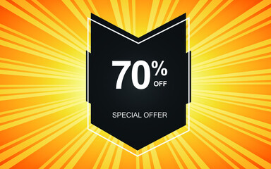 70% off. Yellow banner with seventy percent discount on a black balloon for mega offers.
