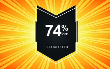 74% off. Yellow banner with seventy-four percent discount on a black balloon for mega offers.
