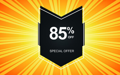85% off. Yellow banner with eighty-five percent discount on a black balloon for mega offers.
