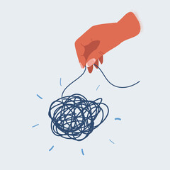 Vector illustration of hands and tangled thread. Untangling concept.