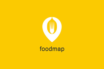 Food Map Logo. the map symbol blends with the spoon and fork.
Design Vector Icon Template Element.