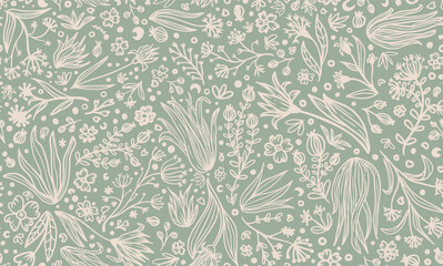 Different doodled vector botanical elements, flowers, leaves, branches, grass, herbs with dots and hearts seamless repeat pattern. All over surface print on sage green background.