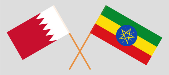 Crossed flags of Bahrain and Ethiopia. Official colors. Correct proportion