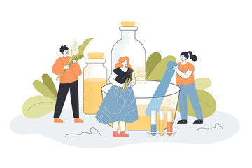 Tiny people making cosmetics from herbs. Oils and cosmetics for skin production process flat vector illustration. Chemistry, cosmetology concept for banner, website design or landing web page