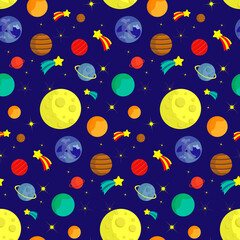 Naklejka premium Pattern with different planets and stars. Space vector illustration on a blue background. Drawing for prints, packaging, covers, use in the design of baby products, flyers and brochures.