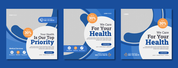 Medical healthcare service social media post template design. Hospital, doctor, clinic and dentist health business marketing banner with logo & icon. Creative online promotion corporate flyer & poster