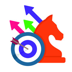 Strategy Vector Icon. Transparency and accountability. Chess horse with Target arrow and target and darts and different destinations arrows and share market icon with  colorful arrows