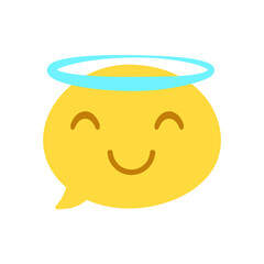 Vector round isolated emoticon on white background. Angel symbol, approval, kind, happiness. Closed eyes, smile. Popular chat element. Fashionable, flat, cartoonish. Dialogue bubble, cute dialog box.