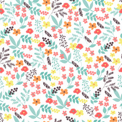Floral seamless pattern. Hand drawn flowers. Vector illustration. White background. 