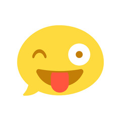 Vector round isolated emoticon emoji on white. The symbol is a mischievous person, an undertaking, a prankster. Wink, open mouth with tongue. Popular chat element. Dialogue bubble, cute dialog box.