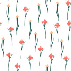 Floral seamless pattern. Hand drawn irises. Vector illustration. White background. 