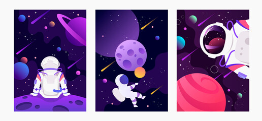 Set of dark space banners. Astronaut in space. Planets of the solar system. Space travel and exploration. Set of cartoon vector templates for  cards, flyers, brochures. - 436252775