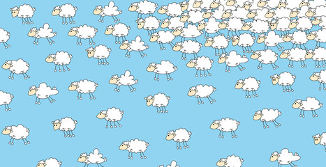 Sch&auml;fchenwolken, Cumulus, Sch&ouml;nwetterwolken mit gezeichneten Schafen am Himmel, Cartoon Illustration