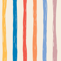 Seamless strip hand drawn pattern. Vertical lines in doodle style. Childish wrapping background. Light, blue, yellow, orange, rose, pastel colors on white. Vector illustration