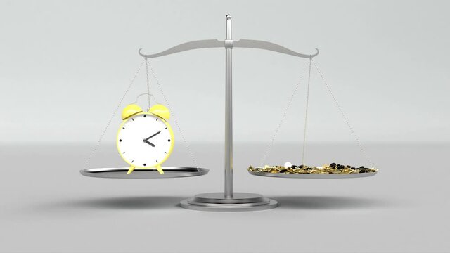 Metal scales yellow clock gold coins money Concept finance business investment success 4k