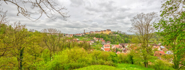 Panorama of Kirchberg an der Jagst, with the Old City castle and the small town on the hill, in Baden-Wuerttemberg, South Germany