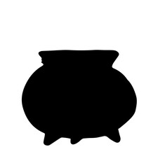 vector isolated silhouette of a round-shaped witch's cauldron on three legs, hand-drawn side view in a black doodle style on a white background for a design template. a symbol of witchcraft and magic.