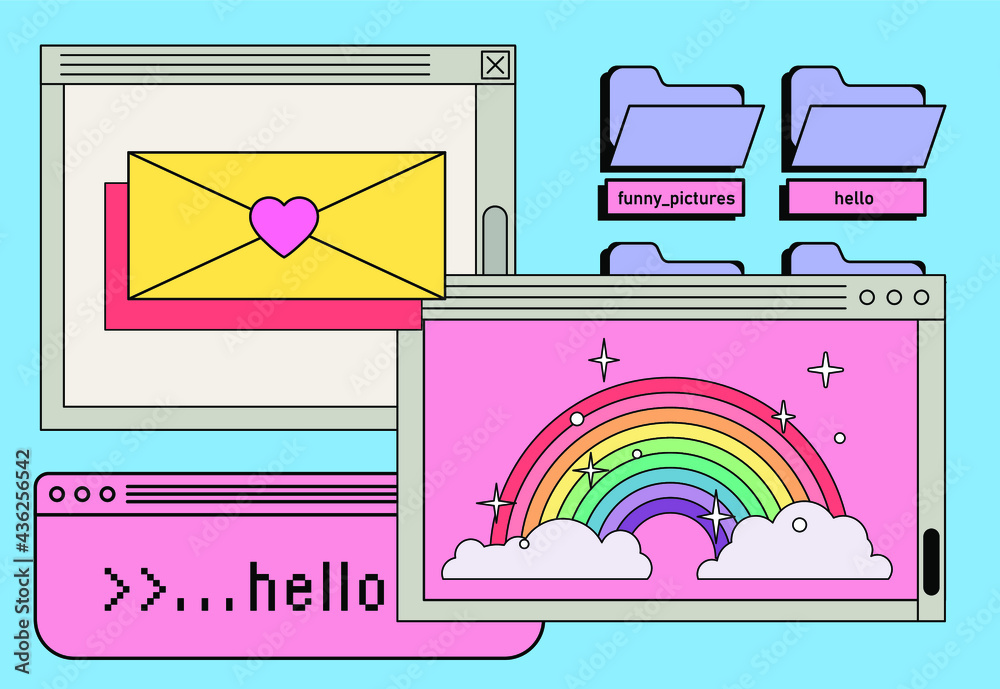 Aufkleber Retro style desktop with message boxes, terminal console window and user interface elements.