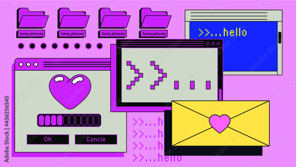 Aufkleber Retro style desktop with message boxes, terminal console window and user interface elements.
