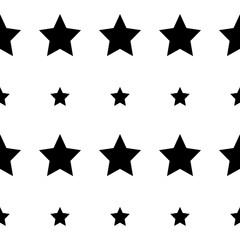 Stars repeat pattern. Black large and small stars on white background. Vector seamless stars icons ornament.