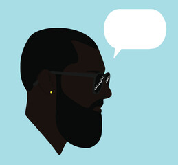 Portraits. Silhouette of bearded black guy in sunglasses with dialogue speech bubble. Conversation. Dialogue. Bearded black man. 