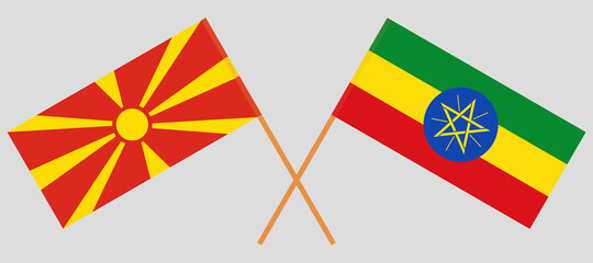 Crossed flags of North Macedonia and Ethiopia. Official colors. Correct proportion