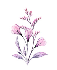 Watercolor Crocus bouquet. Hand painted artwork with transparent Spring flowers and branch. Botanical illustration for cards, wedding design