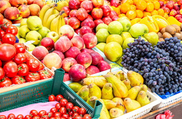 Fresh organic ripe apples, grape and other fruits