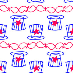 Vector seamless pattern of a cylinder with a star with a mustache, blue and red outline for the Independence Day celebration. painted striped hat with a blue outline with a red star and red mustache o