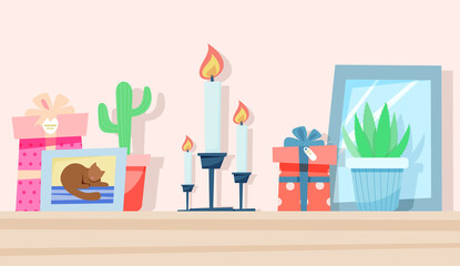 Gifts for the holiday. cozy shelf. vector illustration in flat style