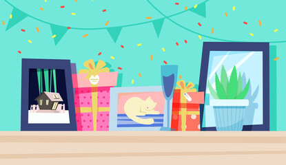 Celebration and gifts. Party and gifts. Vector illustration in flat style
