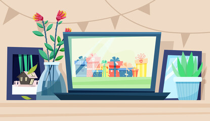 Fototapeta premium party online. Screen with gifts. Festive conference. Vector illustration in flat style