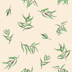 Branch of eucalyptus. Trendy pattern with twig. Vector contour illustration.