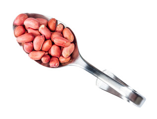 peeled peanuts in spoon cutout on white