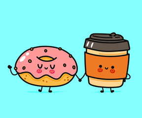 Cute, funny happy donut and coffee paper cup character. Vector hand drawn cartoon kawaii characters, illustration icon. Funny cartoon donut, coffee paper cup mascot character concept