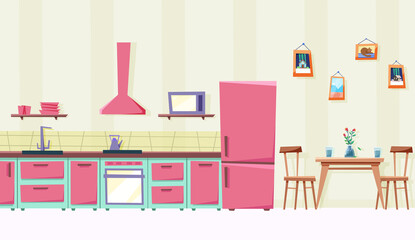 Cozy kitchen living room. Kitchen set, oven, refrigerator. Vector illustration in flat style