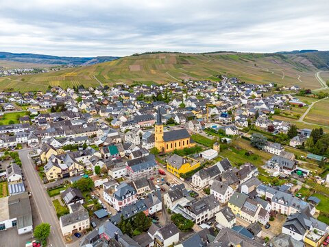 Trittenheim. Aerial view on beautiful historical town on romantic Moselle, Mosel river. Rhineland-Palatinate, Germany